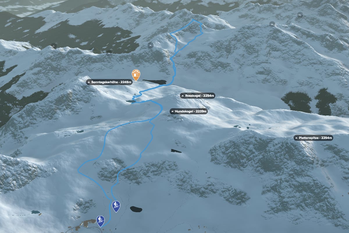 3D-Kartenausschnitt der Skitour auf die Steirische Kalkspitze