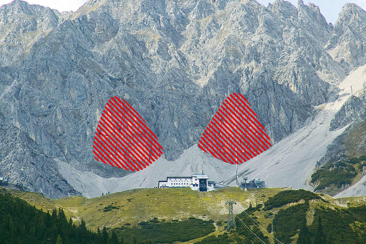 Die Klettergärten (rot) oberhalb der Bergstation der Innsbrucker Nordkettenbahnen