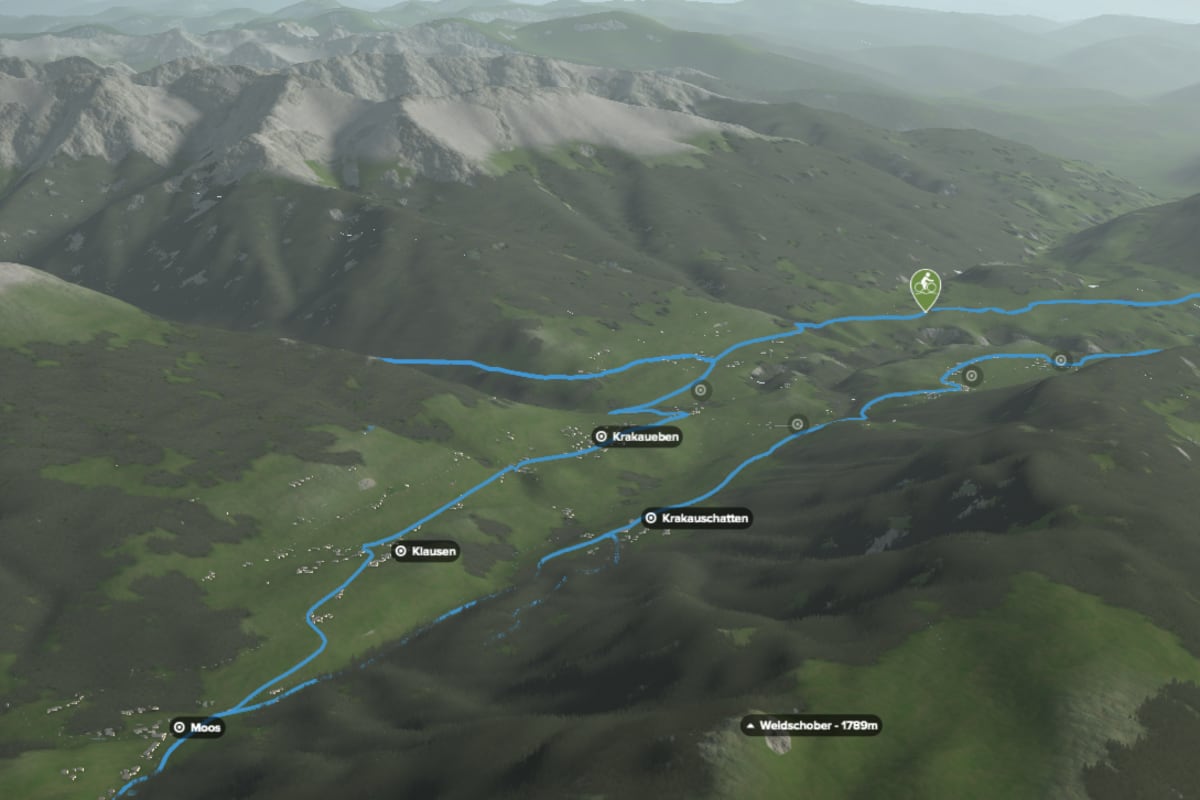 3D-Kartenausschnitt der Seen-Rundtour im Krakautal