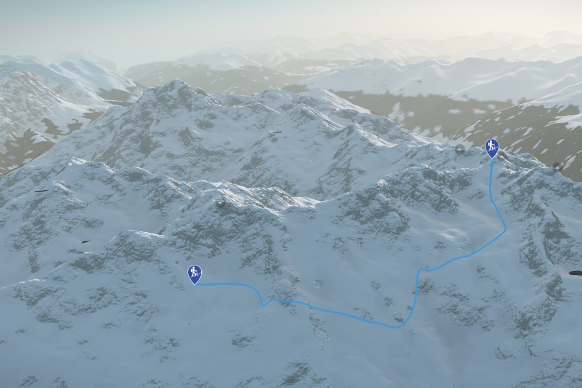 3D-Kartenausschnitt der Skitour auf die Kreuzjochspitze am Arlberg