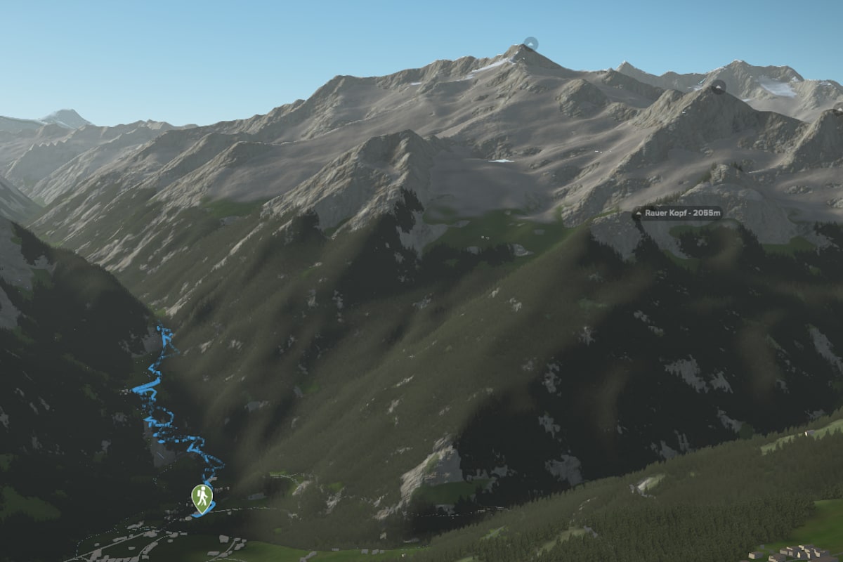 3D-Kartenausschnitt der Wasserwanderung Krimmler Wasserfälle