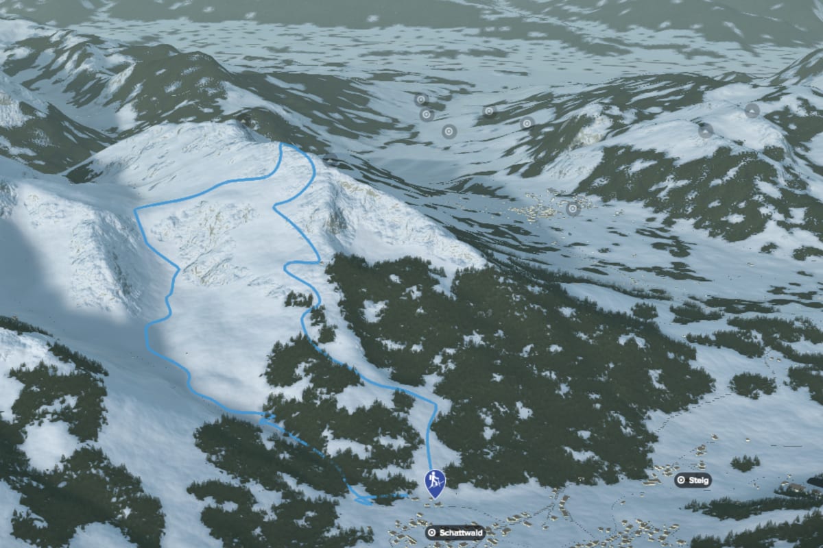 3D-Kartenausschnitt der Skitour auf den Kühgundkopf (1.907 m)