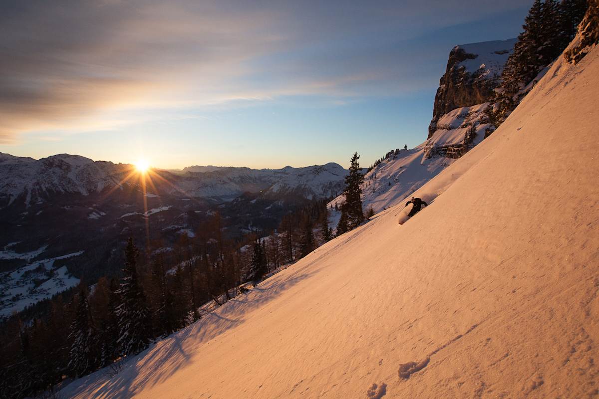 Powdern im Sonnenuntergang am Loser im Ausseerland