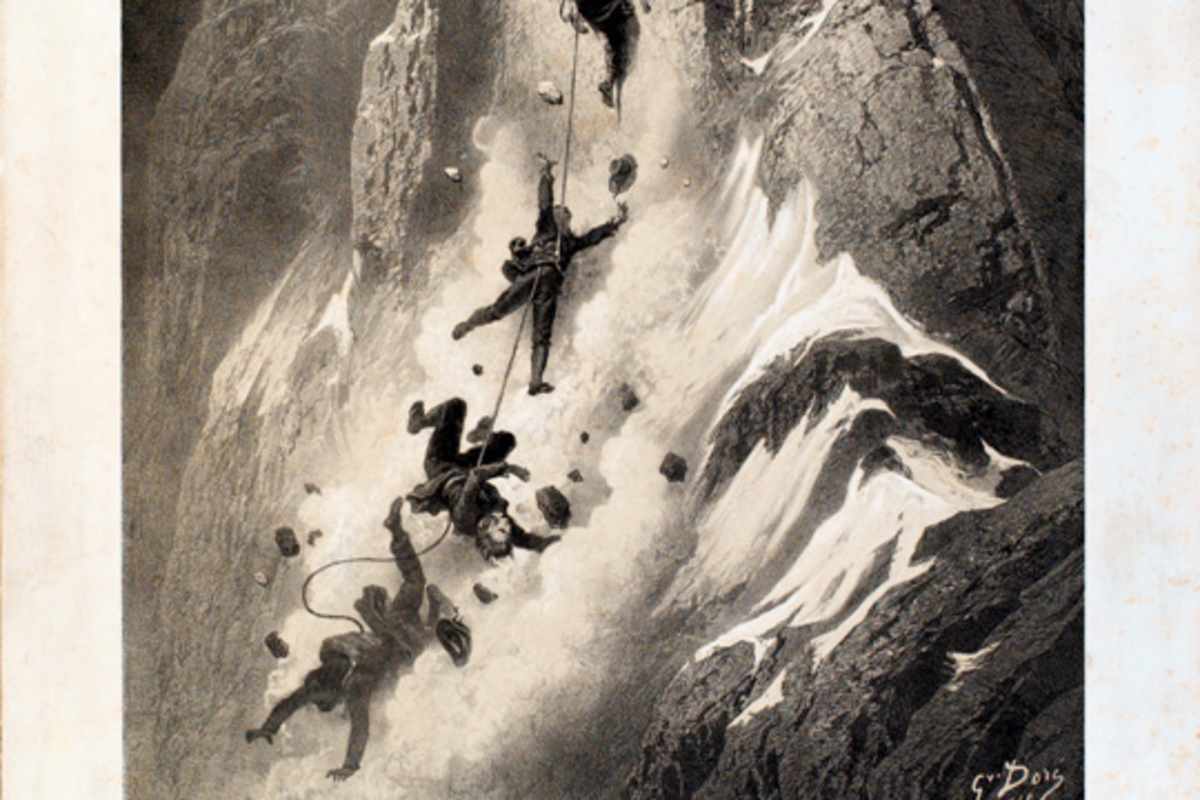 Nachdem Edward Whymper als erster den Gipfel des Matterhorn betreten hat, stürzt Robert Hadow im Abstieg auf den Führer Michel Croz und reisst Charles Hudson und Francis Douglas mit – das Seil der siebenköpfigen Seilschaft reißt, als Bergführer Peter Taugwalder Sen. versucht den Sturz zu halten; er sowie sein Sohn und Whymper überleben