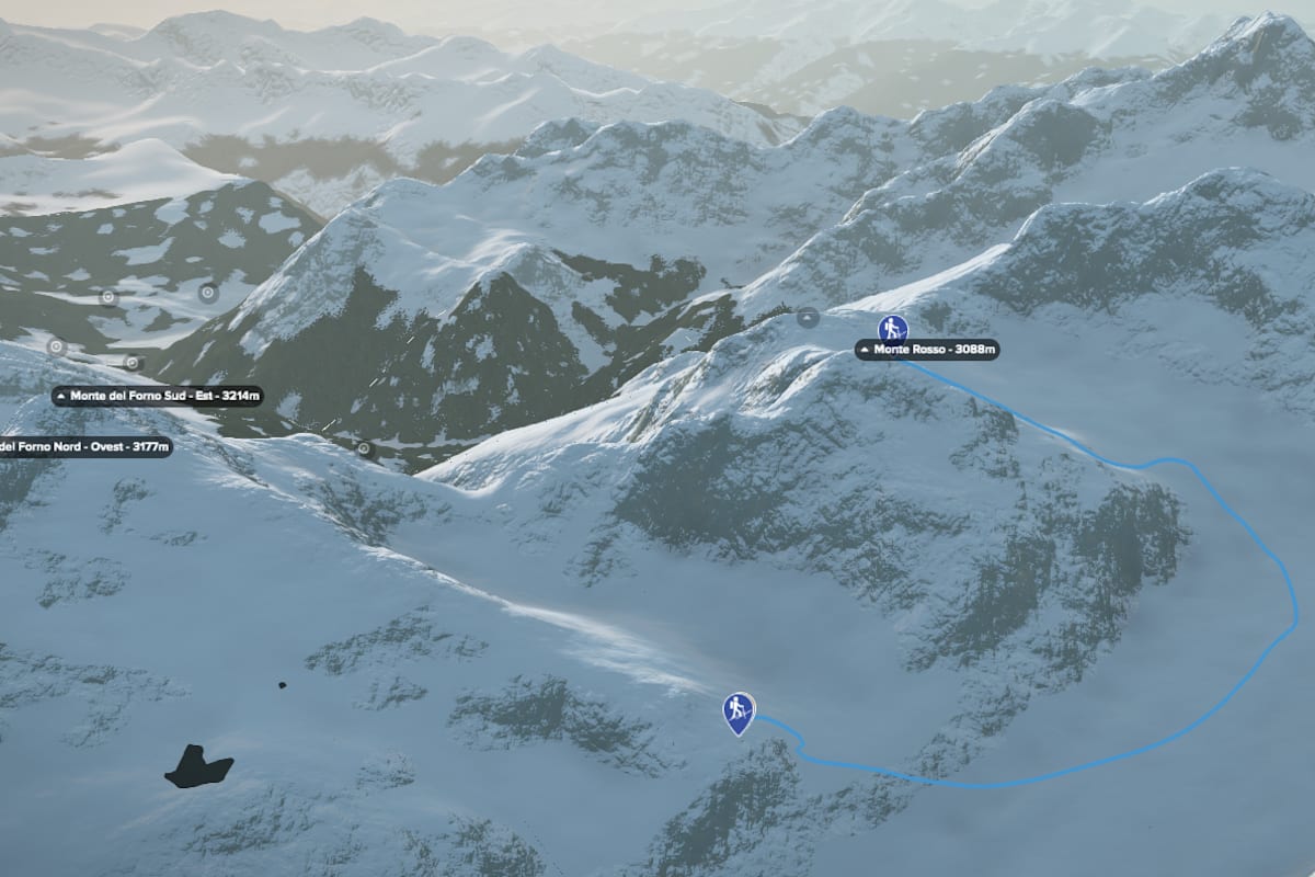 3D-Kartenausschnitt der Skihochtour auf den Monte Rosso in der Berninagruppe