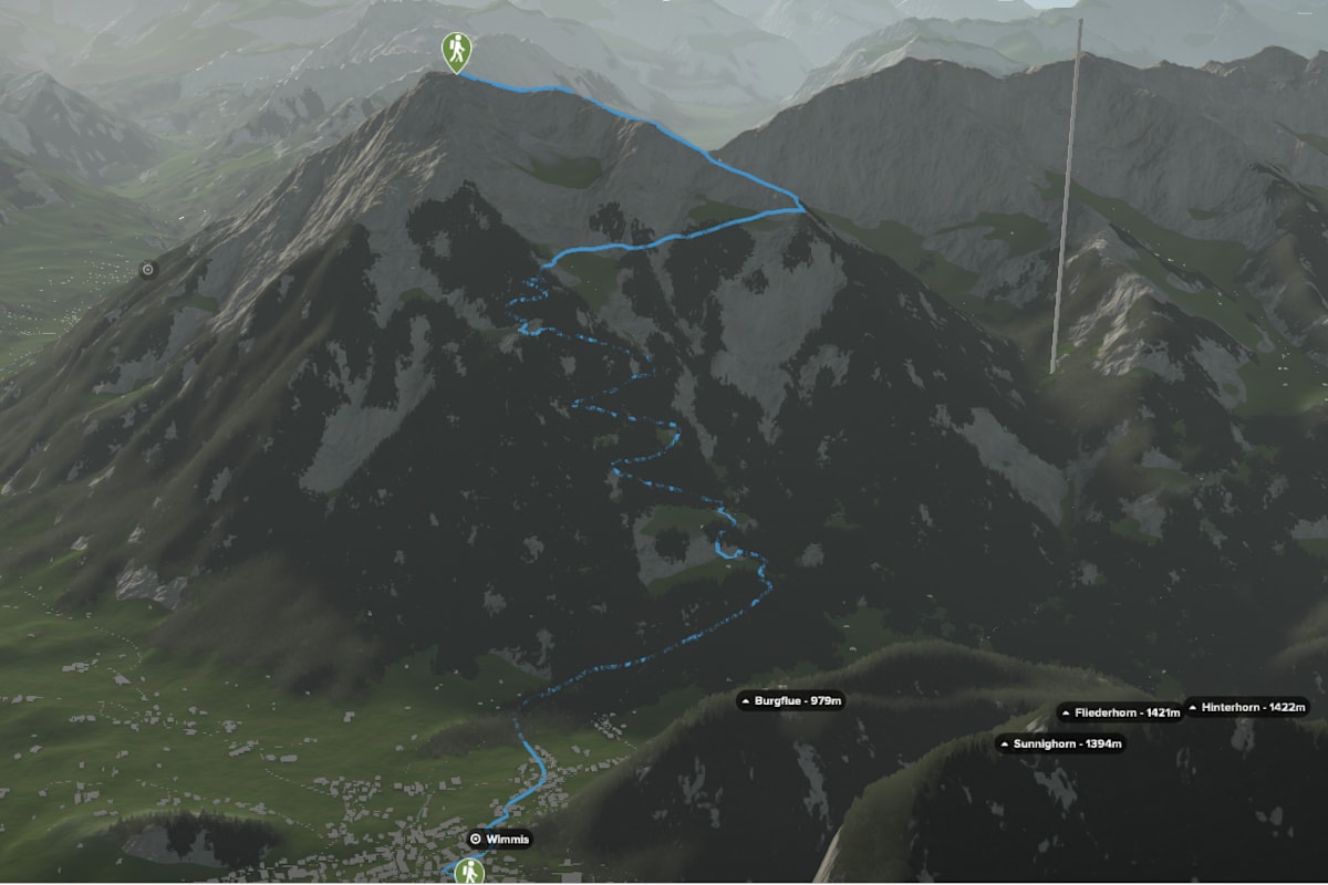 3D-Kartenausschnitt der Wanderung von Wimmis auf den Niesen (2.362 m)