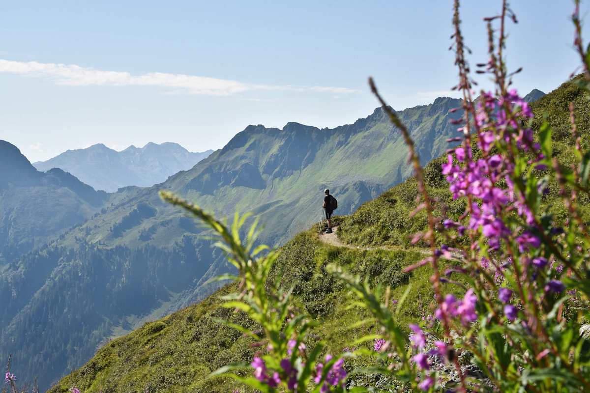 Ein Man auf einem schmalen Bergpfad am Weg zum Wiedersbergerhorn im Alpbachtal.