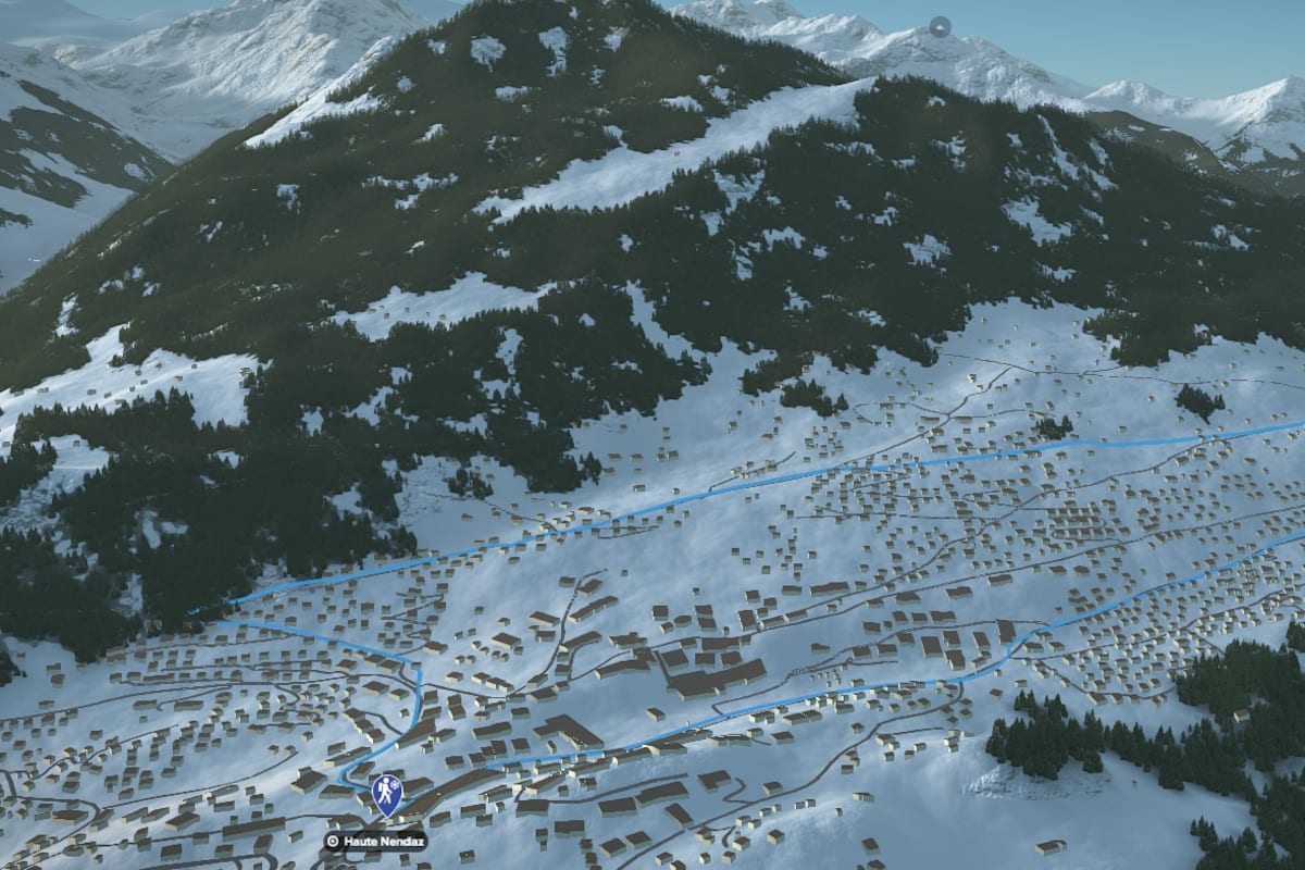3D-Kartenausschnitt der Winterwanderung durch Haute Nendaz in den Walliser Alpen