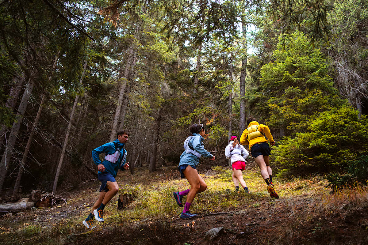 Trailrunning-Läufer im Wald tragen Schuhe von La Sportiva