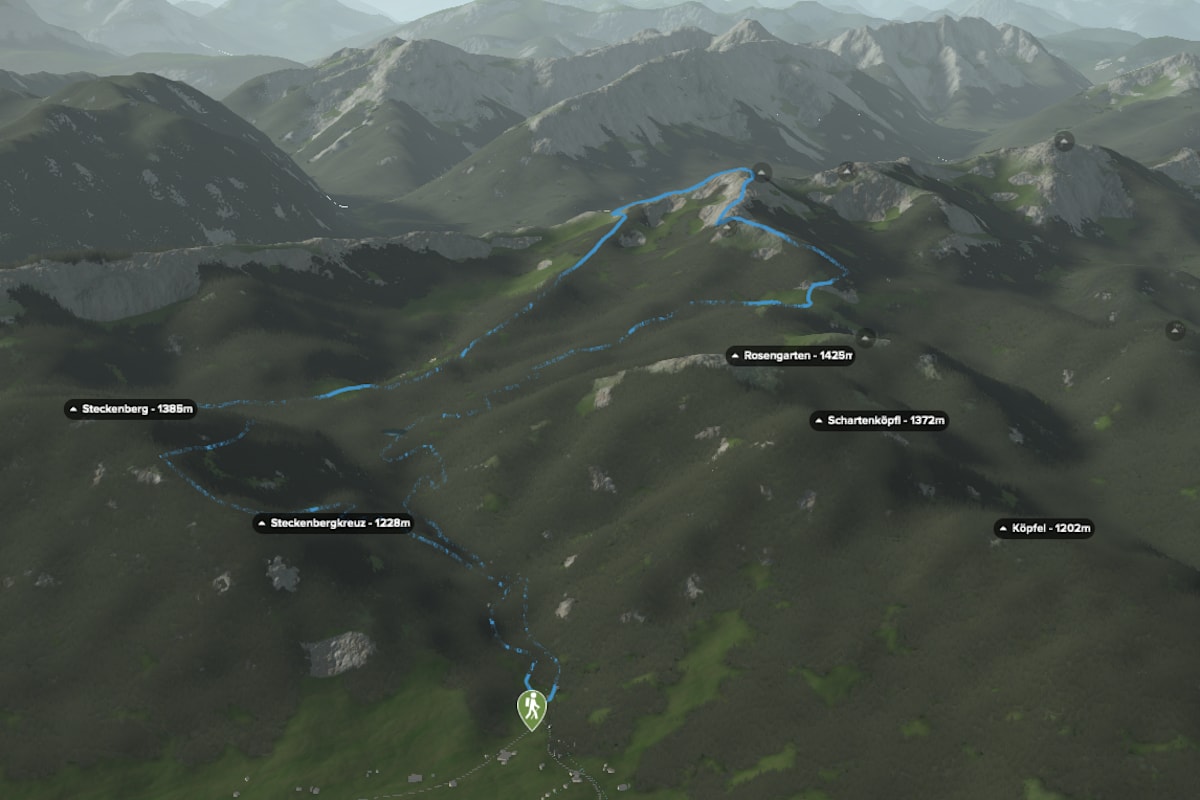 3D-Kartenausschnitt der Wanderung zum August-Schuster-Haus am Pürschling (1.566 m) in den Ammergauer Alpen