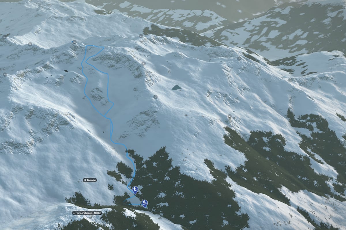 3D-Kartenausschnitt des Skitour auf den Rastkogel