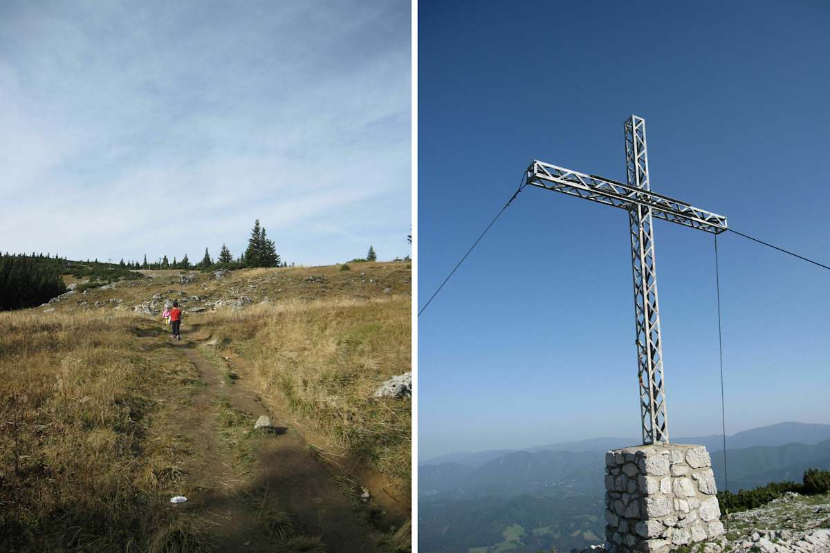 Weg auf der Rax und Gipfelkreuz