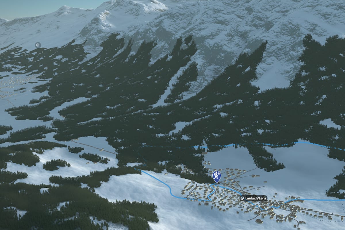 3D-Kartenausschnitt der Winterwanderung rund um Lantsch/ Lenz