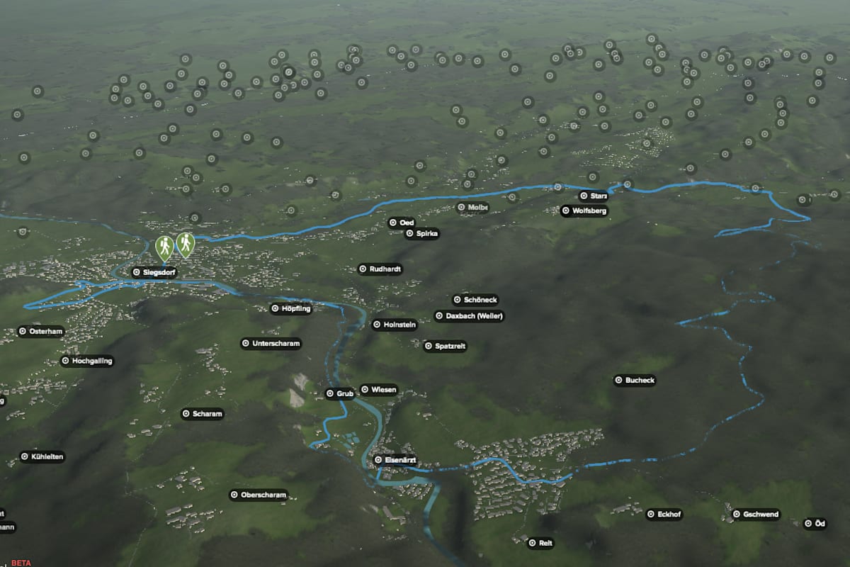 3D-Kartenausschnitt der Salinen-Rundwanderung bei Traunstein