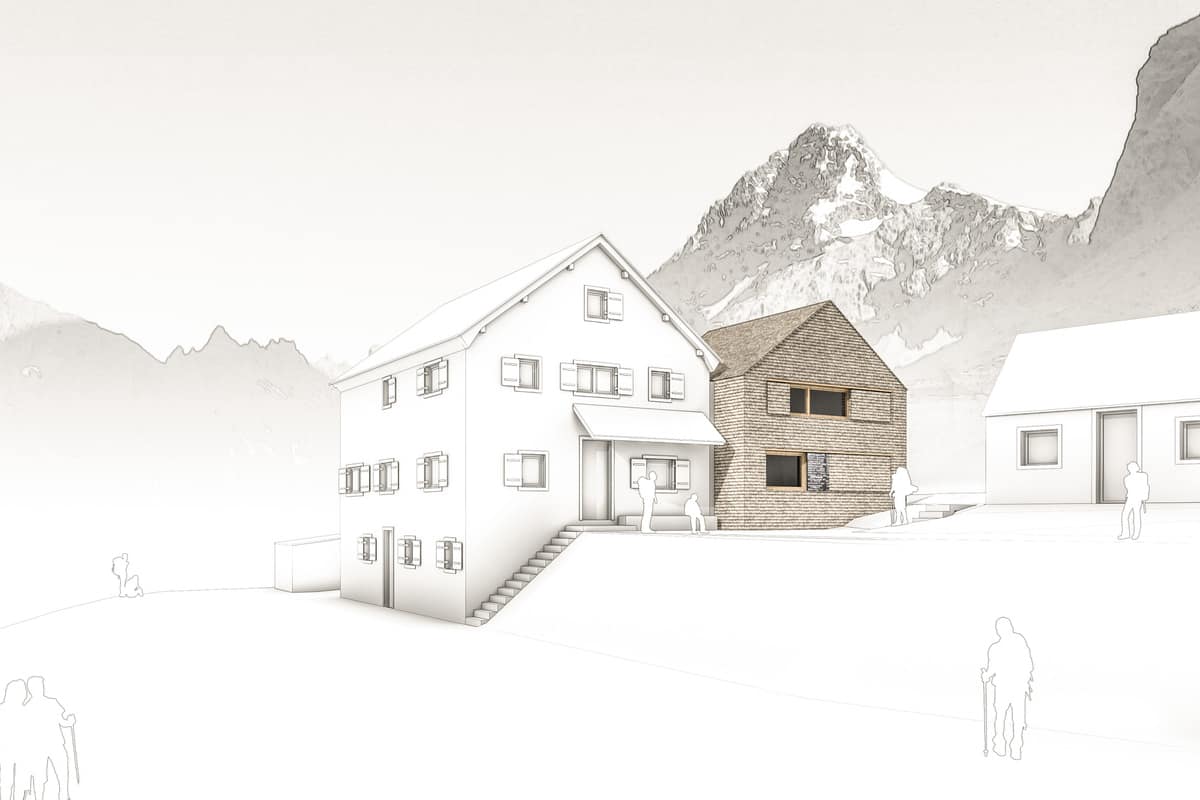 Entwurf der Salmhütte mit Zubau von dreiplus Architekten