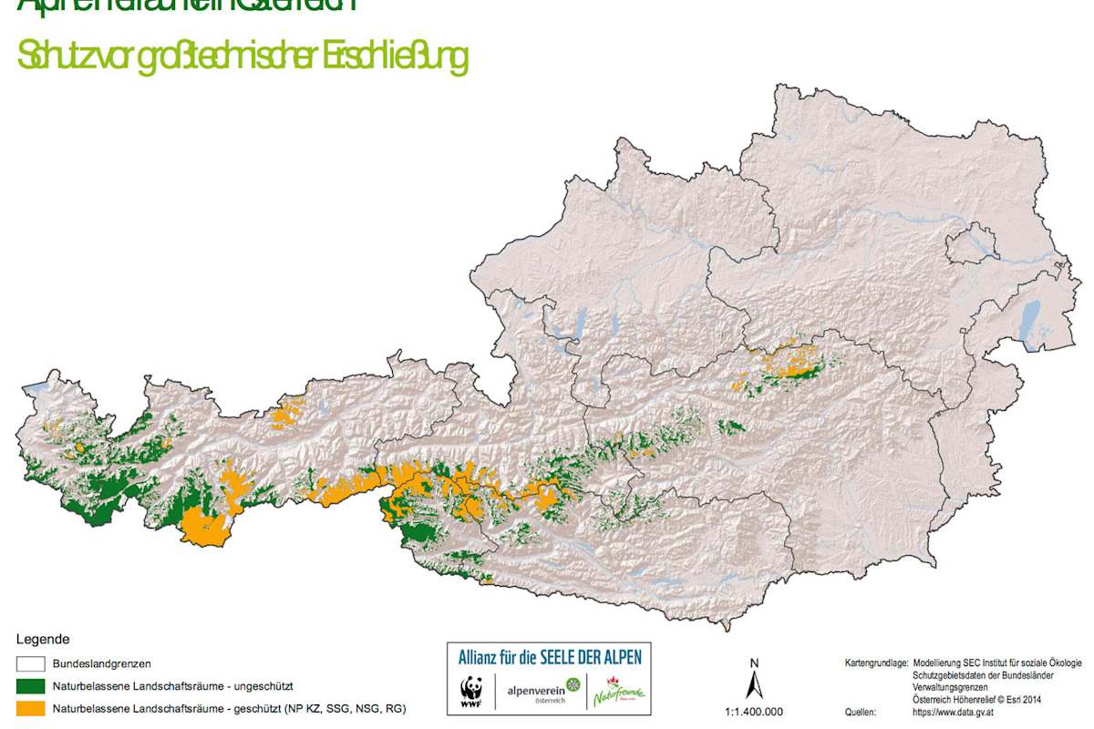 Karte: Naturbelassene Landschaftsräume in Österreich