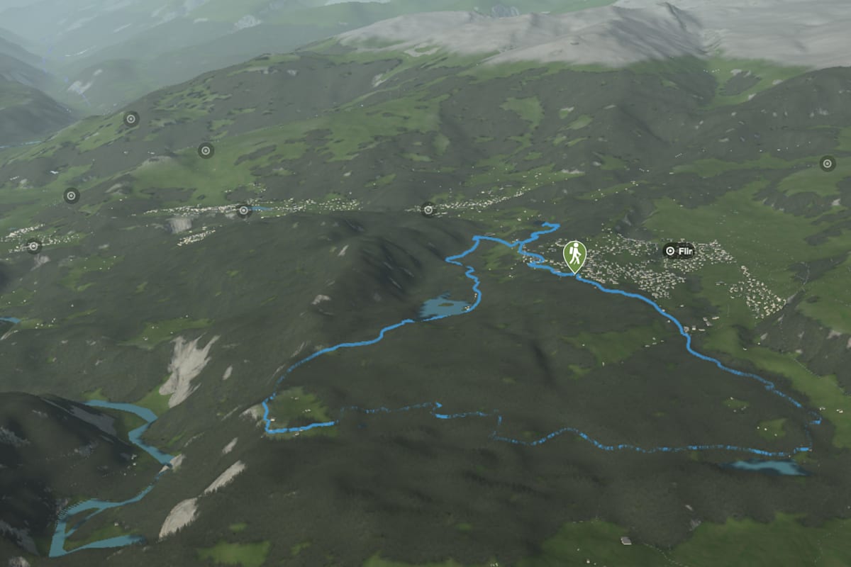3D-Kartenausschnitt der Wasserwanderung rund um Flims in Graubünden