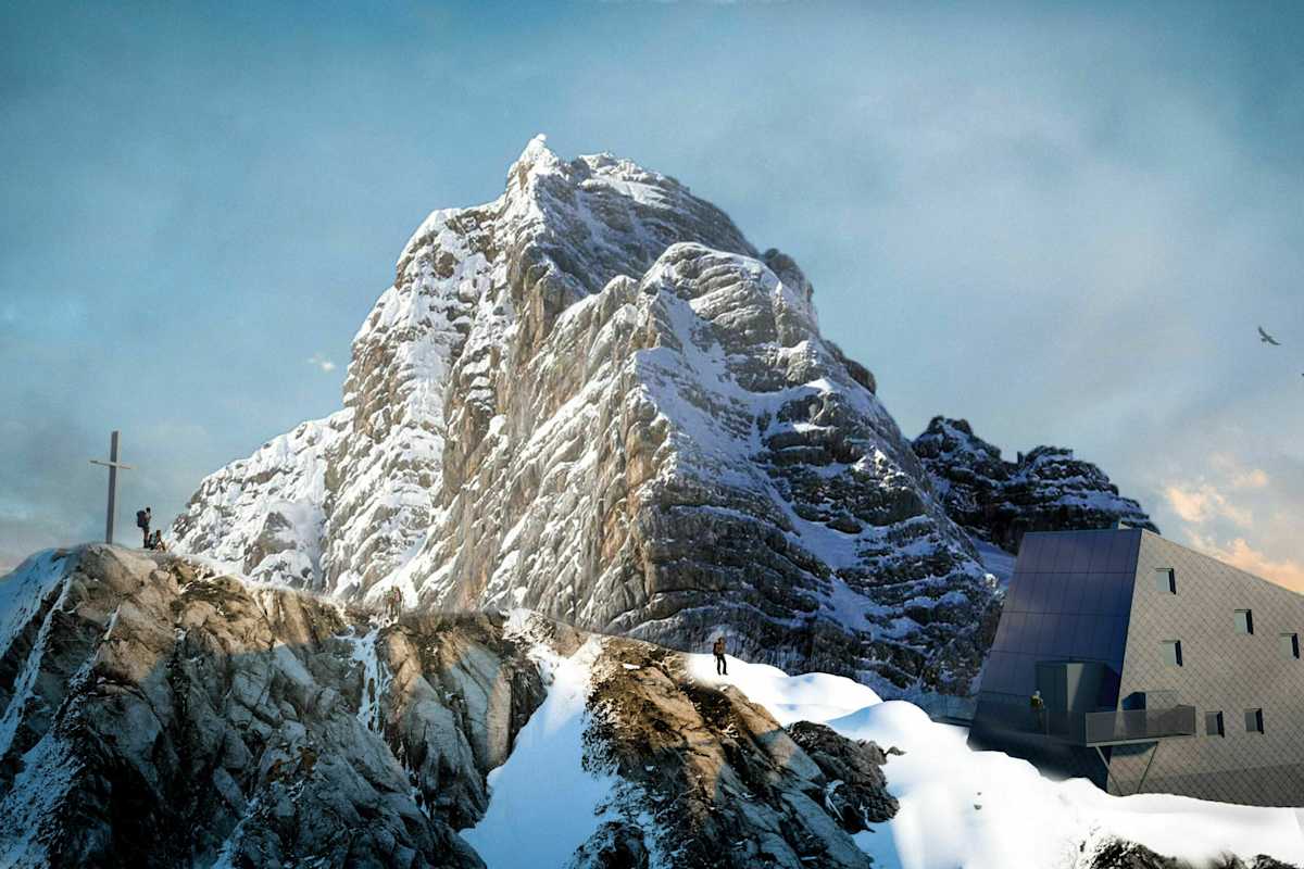 Entwurf von dreiplus Architekten für den Neubau der Seethalerhütte in Oberösterreich