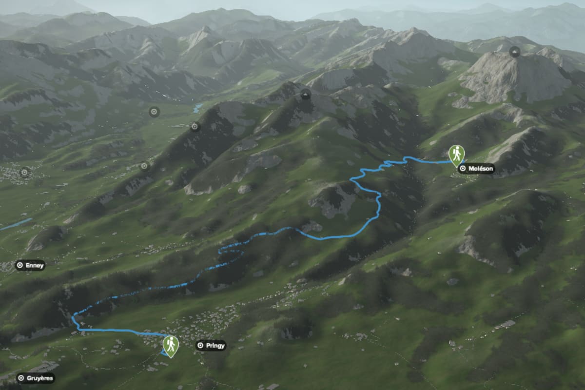 3D-Kartenausschnitt der stadtnahen Wanderung bei Pringy