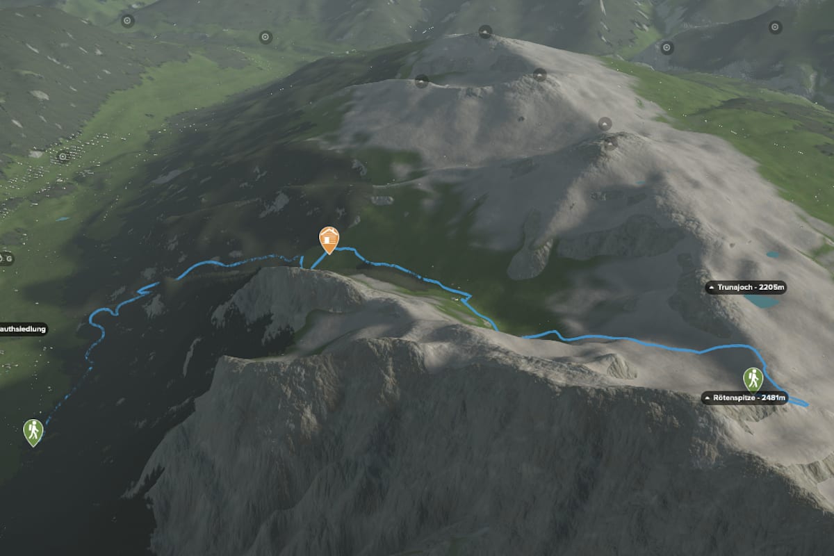 3D-Kartenausschnitt der stadtnahen Tour auf die Rötenspitze (2.481 m)