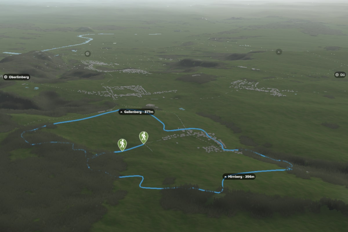 3D-Kartenausschnitt der stadtnahen Wanderung „Traumschleife Hirn- und Gallenberg"