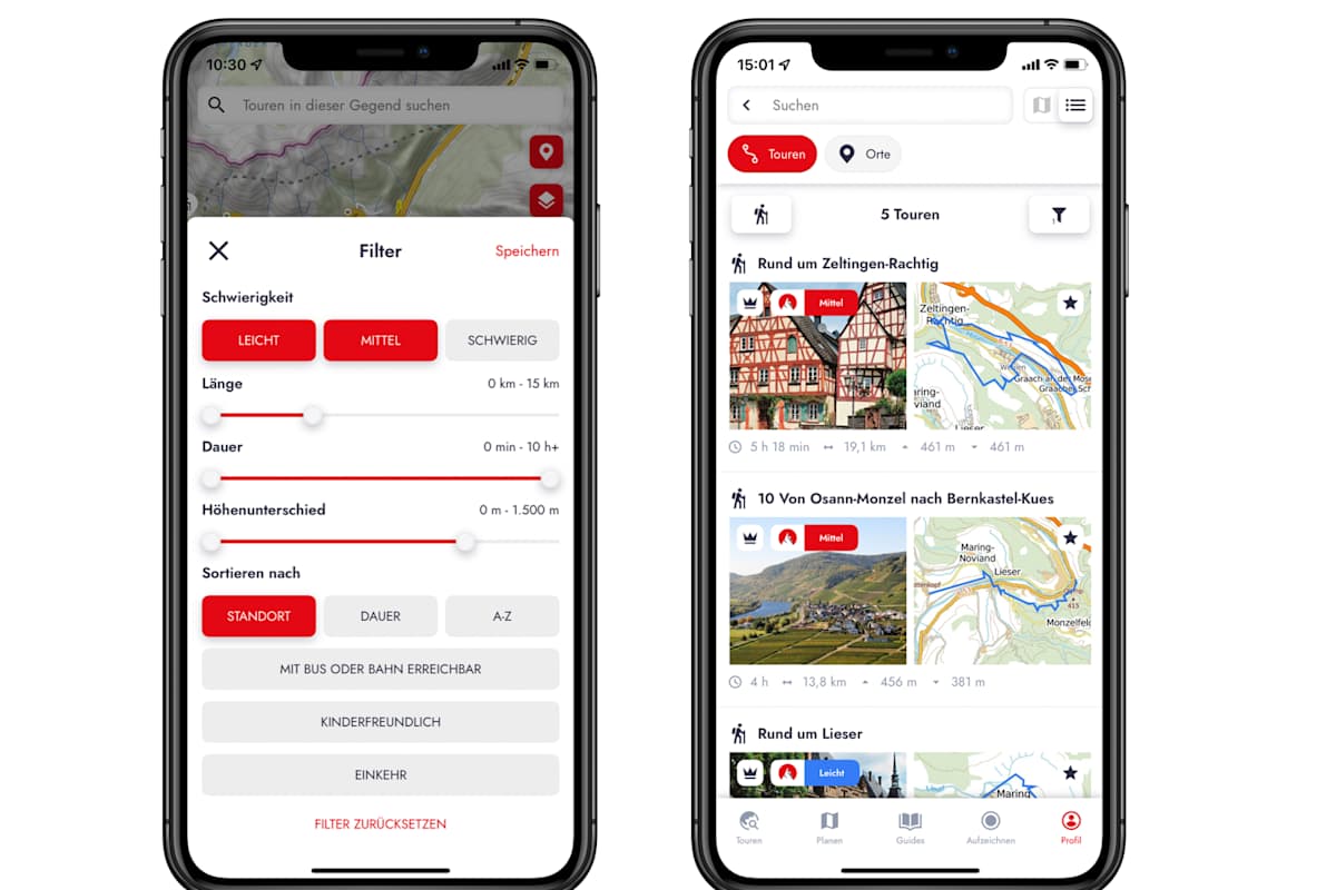Mit der Rother App können Touren nach z. B. Schwierigkeit und Länge gefiltert werden und individuelle Tourenlisten angelegt werden.
