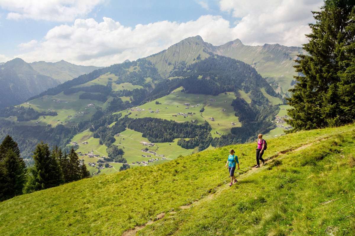 Bergsteiger auf einem Wiesenweg.