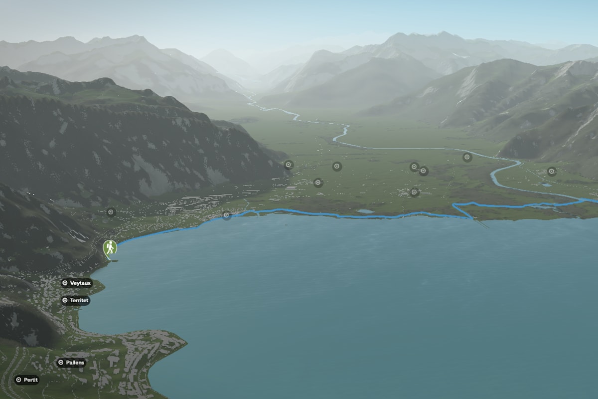 3D-Kartenausschnitt der Wanderung durch das Naturreservat Les Grangettes zum Schloss Chillon im Kanton Waadt