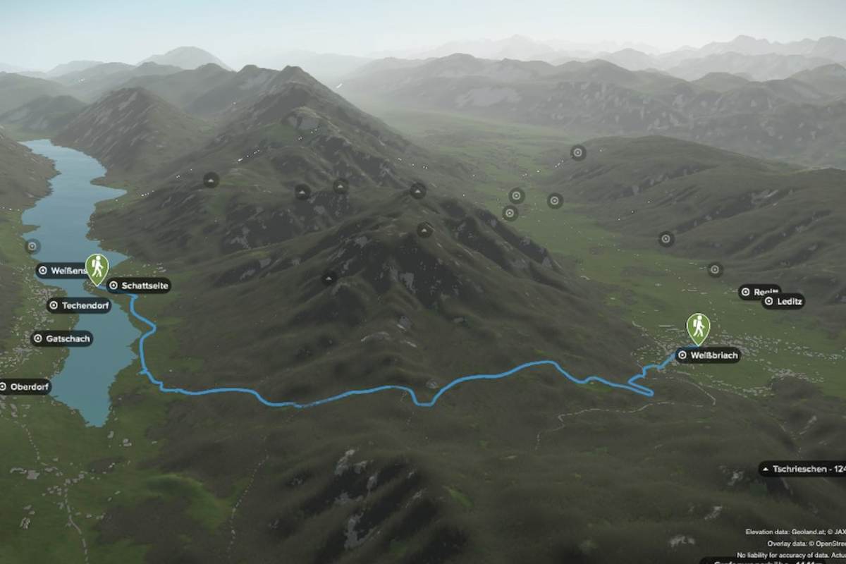 3D-Kartenausschnitt der Wasserwanderung Weißbriach-Kreuzberg-Weißensee