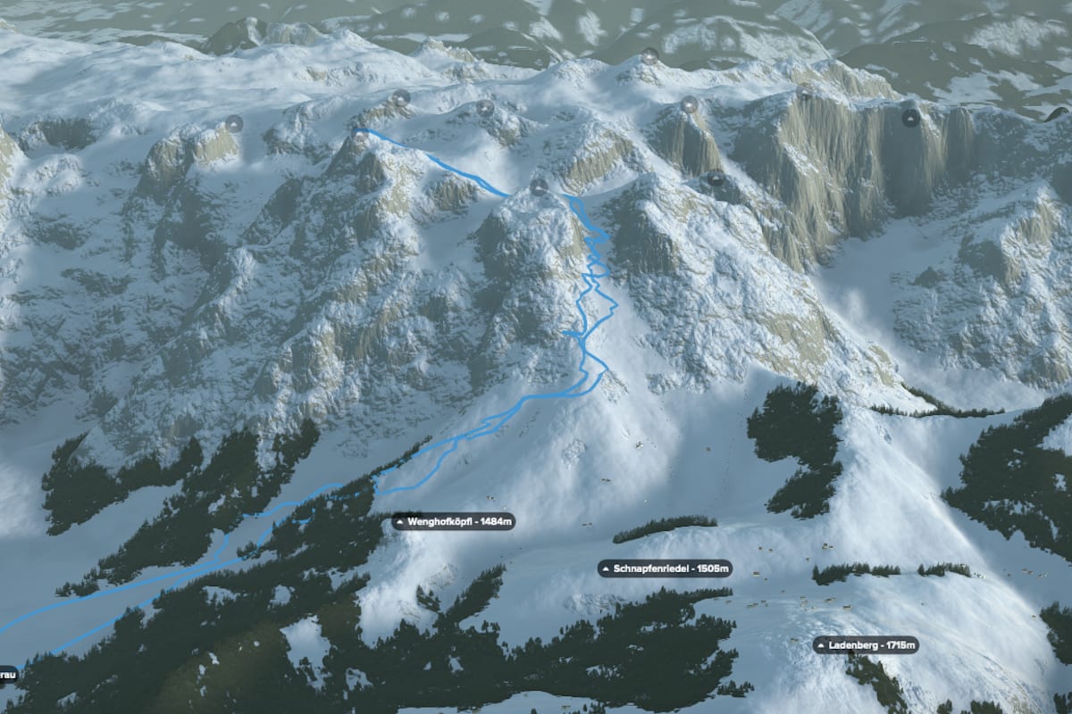 3D-Kartenausschnitt der Skitour auf den Eiskogel (2.321 m) von Wengerau aus