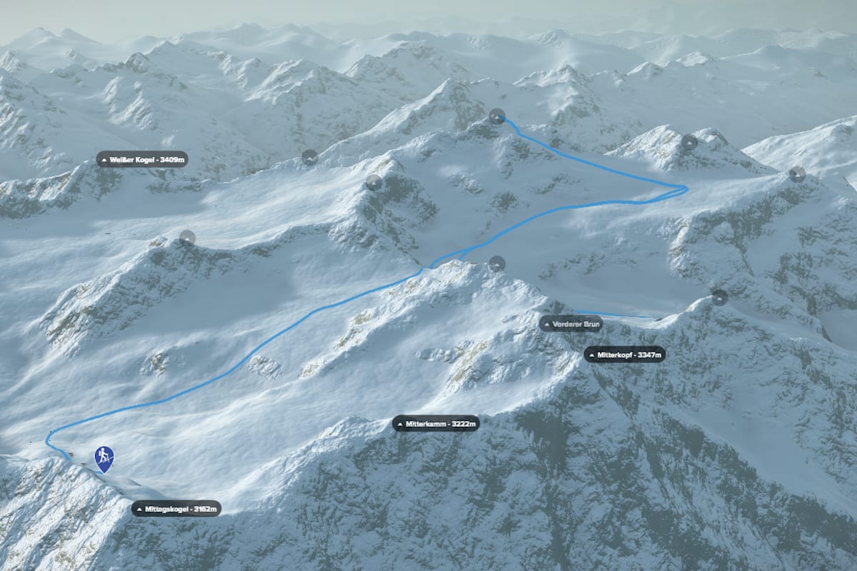 3D-Kartenausschnitt der Skihochtour auf die Wildspitze
