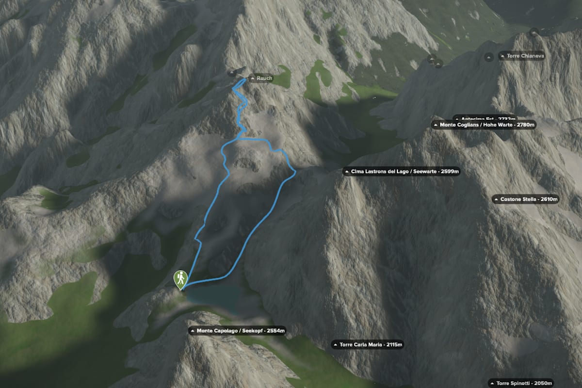 3D-Kartenausschnitt der Wasserwanderung Wolayerseehütte - Rauchkofel