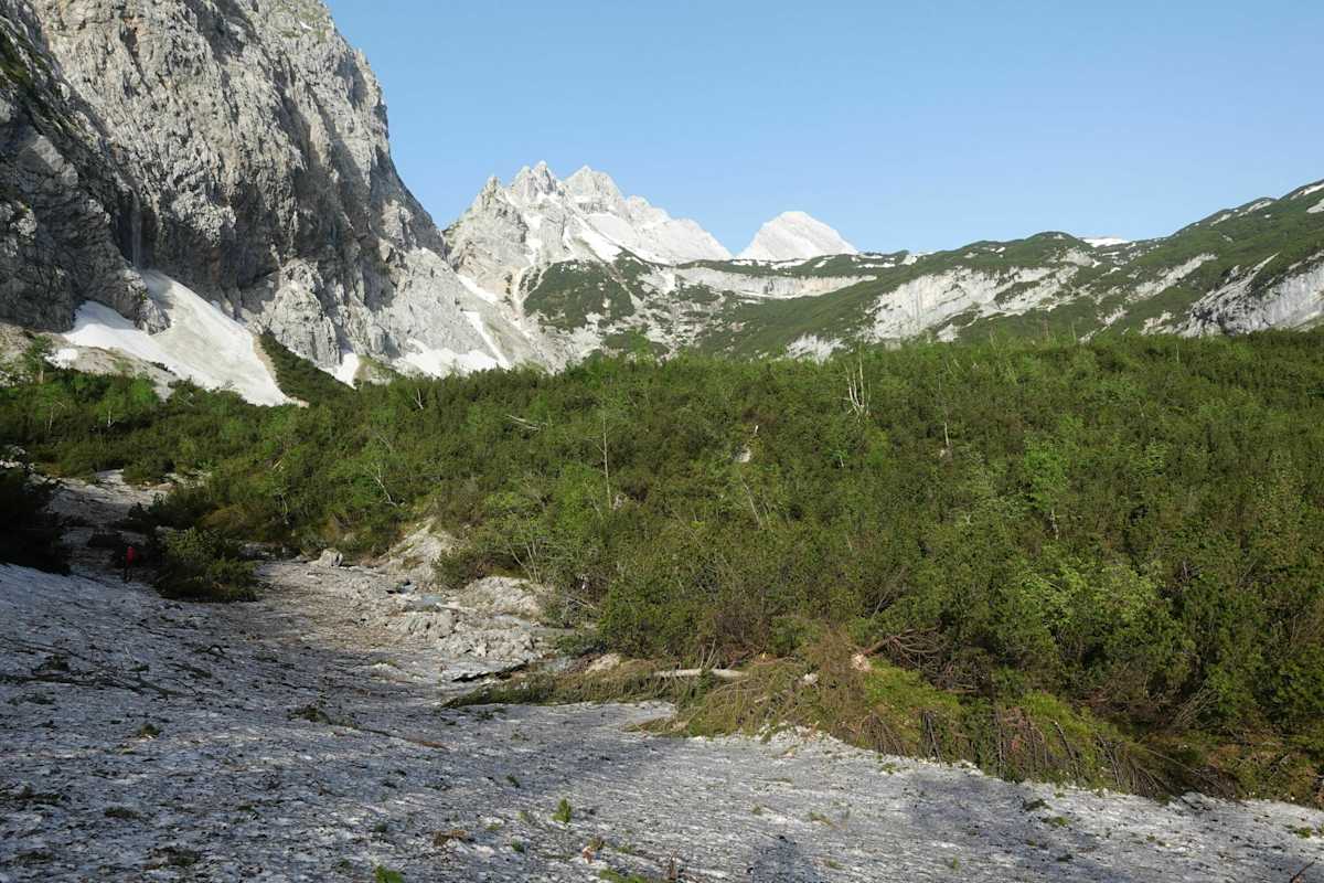 Blick Richtung Gatterl, Gatterlköpfe und Östliche Plattspitze kurz oberhalb der Reintalangerhütte (1.370 m).