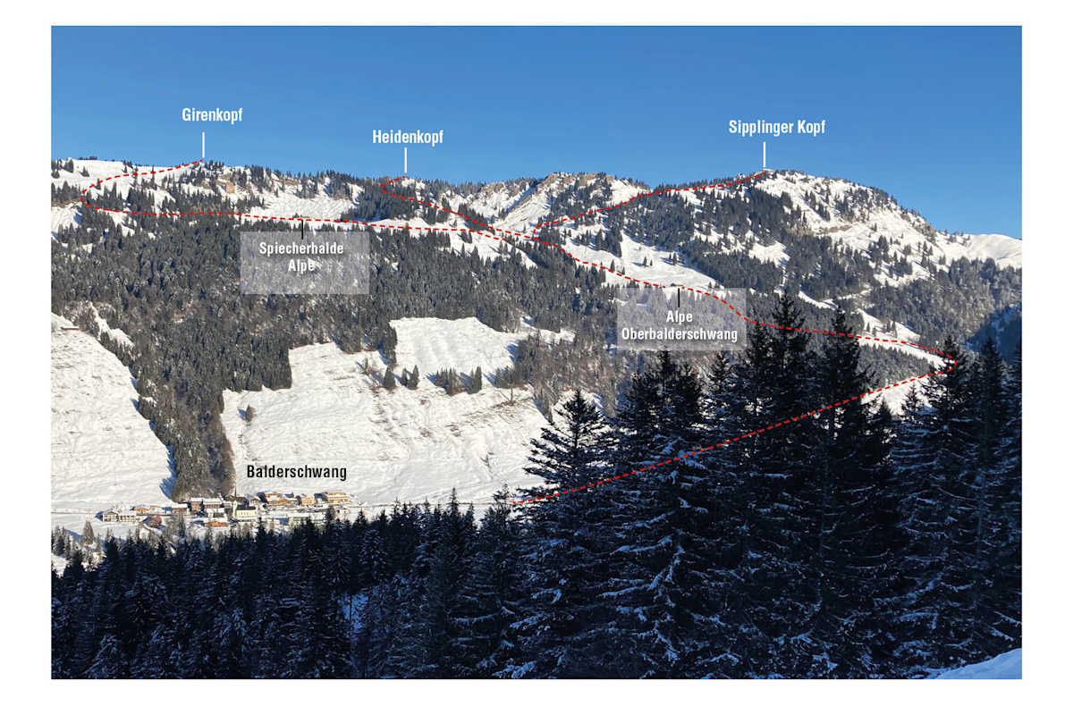 Übersicht Skitour Alpe Oberbalderschwang und Gipfelziele ausgehend von der Alpe.