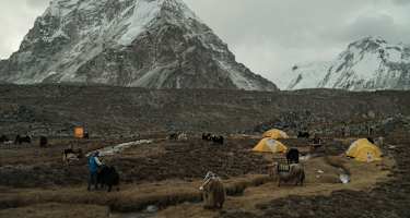 Das Basislager am Lunag Ri mit dem Himalaya Gebirge im Hintergrund