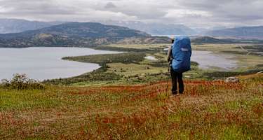 Wanderer steht in Patagonien inmitten einer weiten Landschaft und blickt in die Ferne