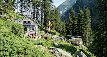 gemütliche Berghütte aus Stein umgeben von Wald