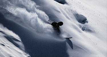 Skifahrer gleitet dynamisch durch unberührten Tiefschnee, wirbelt Pulverschnee auf und meistert eine steile Abfahrt in alpiner Winterlandschaft.
