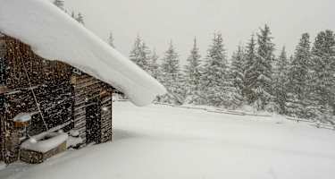 Die Rinner Alm tief verschneit. 