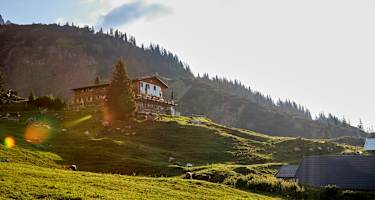 Die Heinrich-Hueter-Hütte im Almgelände des Montafon