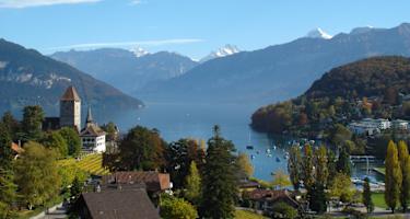 Ausblick auf Bucht mit Thunersee und Jungfrau-Region
