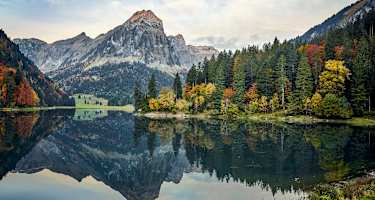 Der Obersee eingebettet in die bunten Herbstwälder