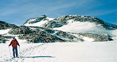 Markierungsstangen (in Bildmitte links) sind am Weg zum Hochkönig (Matrashaus) über steinige Bodenwellen und Firnmulden wertvolle Orientierungshilfen. 