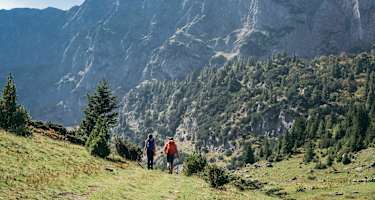 Hat man die Waldgrenze erst einmal überschritten, wandert man auf einer Hochebene immer weiter der imposanten Mauer der Hajla entgegen.