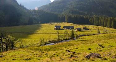 Zum Dürrmooswasserfall im Sölktal: Die Bräualm mit dem Knallstein im Hintergrund