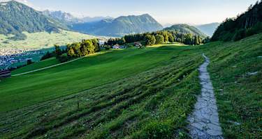Blick auf Buochserhorn, Stanserhorn und Villa Honegg auf der Wanderung entlang des Waldstätterweg, Etappe 6 Bürgenstock-Beckenried