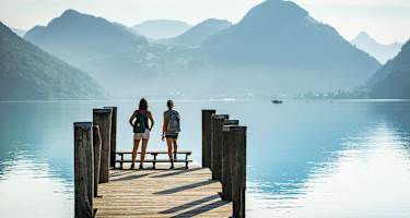 Aussicht von Alpnachstad auf den Vierwaldstättersee, Wanderung entlang des Waldstätterweg, Etappe 4 Luzern-Alpnachstad