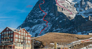 Die Heckmair-Route durch die N-Wand des Eiger mit dem „Winterabstieg“ durch die W-Flanke. Je nach Verhältnissen bieten sich auch andere Abstiegsmöglichketen an.
