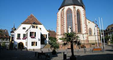 Der historische Marktplatz von Deidesheim mit der Pfarrkirche St. Ulrich und dem Alten Rathaus.
