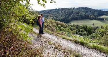 Ein Mann und eine Frau auf einem Feldweg, dahinter Landschaft